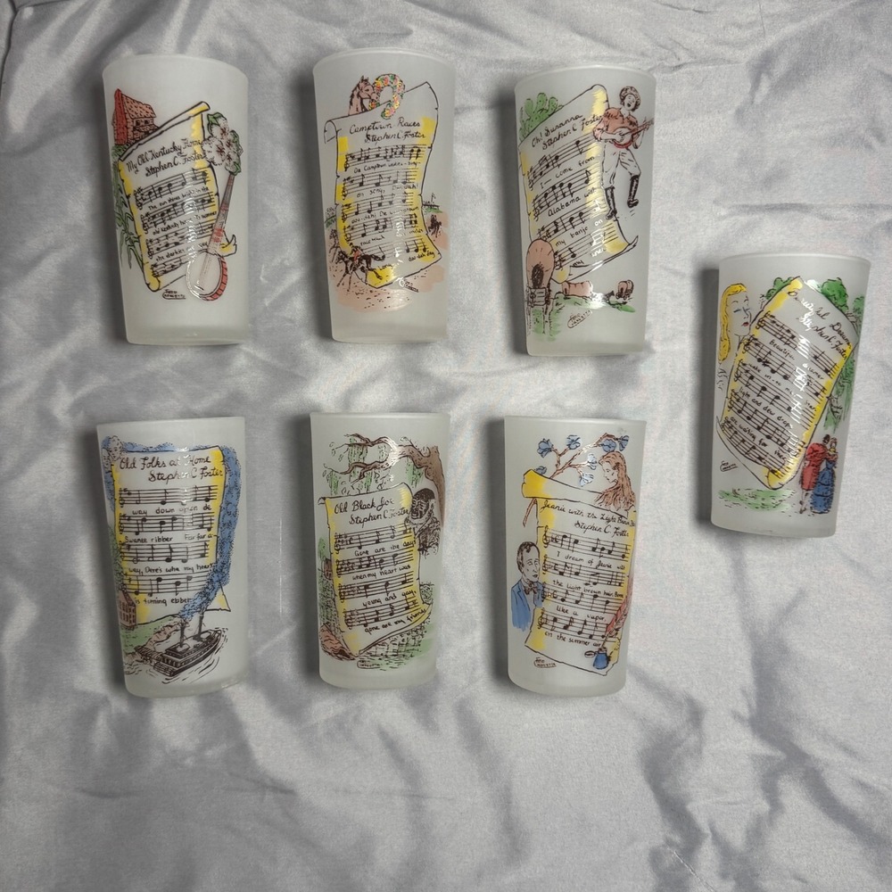 Vintage Fred Abadessa Stephen C Foster Frosted Glass Tumbler Set of 7 Music